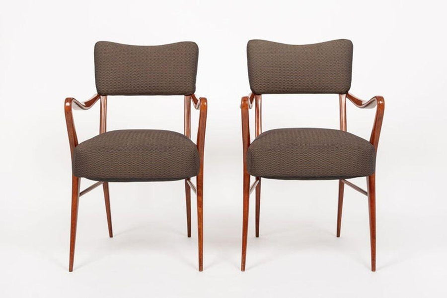 Pair of Mid Century Modern Wood & Brown Upholstered Arm Chairs, 1950s