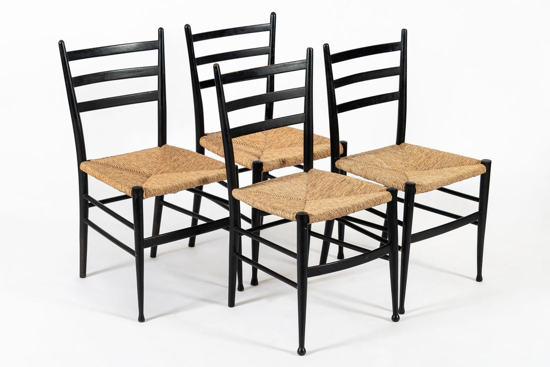 Vintage Mid Century Black Wood and Rush Wicker Dining Chairs