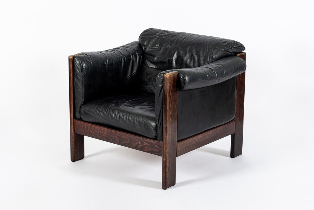 Mid Century Danish Black Leather Lounge Chair in Style of Arne Norell, Matching Sofa