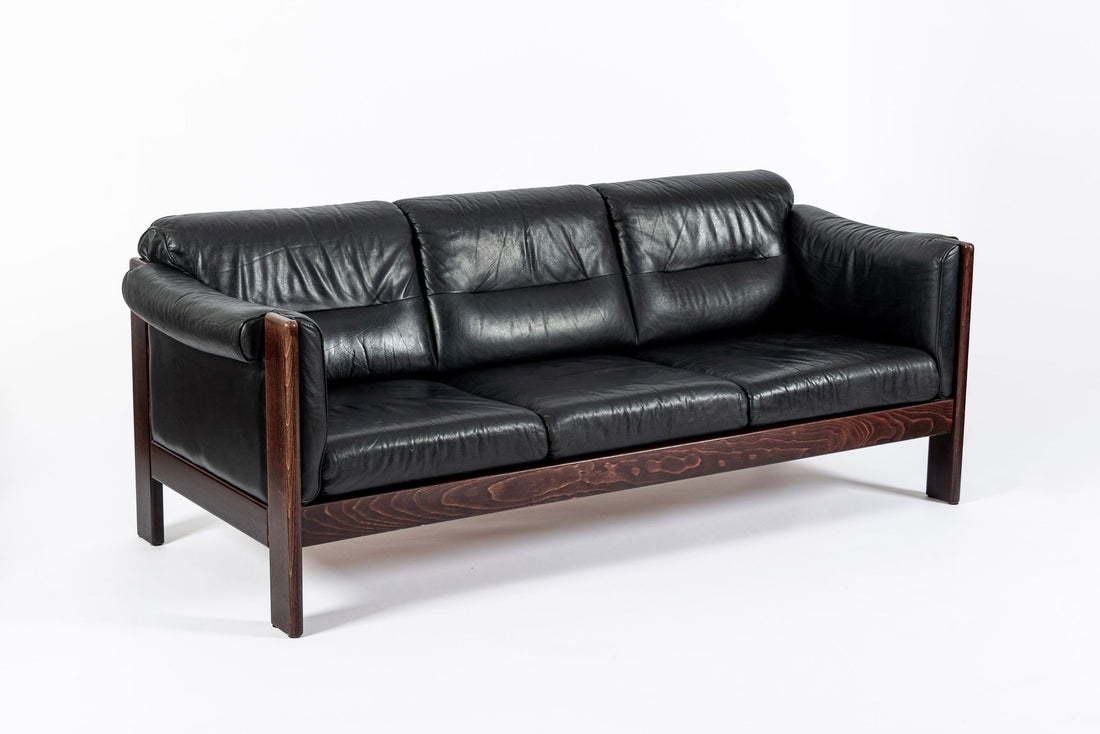 Mid Century Danish Black Leather Sofa in Style of Arne Norell, Matching Chair Avail