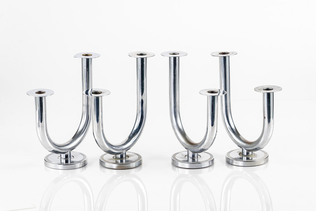Antique Art Deco Taurex Chrome Candlestick Holders by Walter Von Nessen for Chase