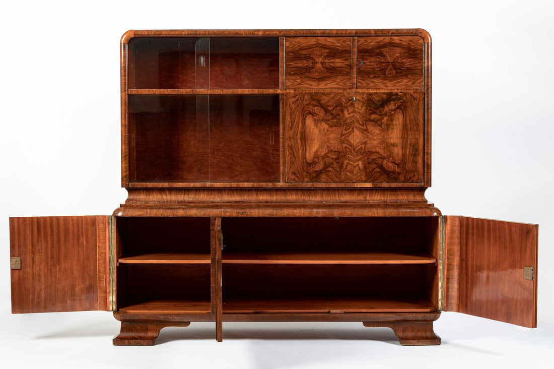 Antique Art Deco Burl Wood China Cabinet or Bar Cabinet with Drop-down Tabletop 1930s