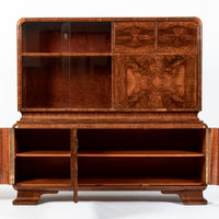Antique Art Deco Burl Wood China Cabinet or Bar Cabinet with Drop-down Tabletop 1930s