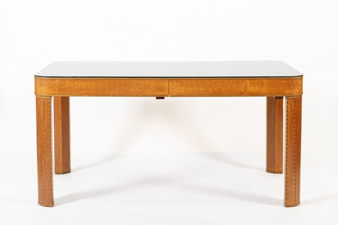 Antique Art Deco Macassar Ebony Wood Dining Table with Glass Top, 1940s