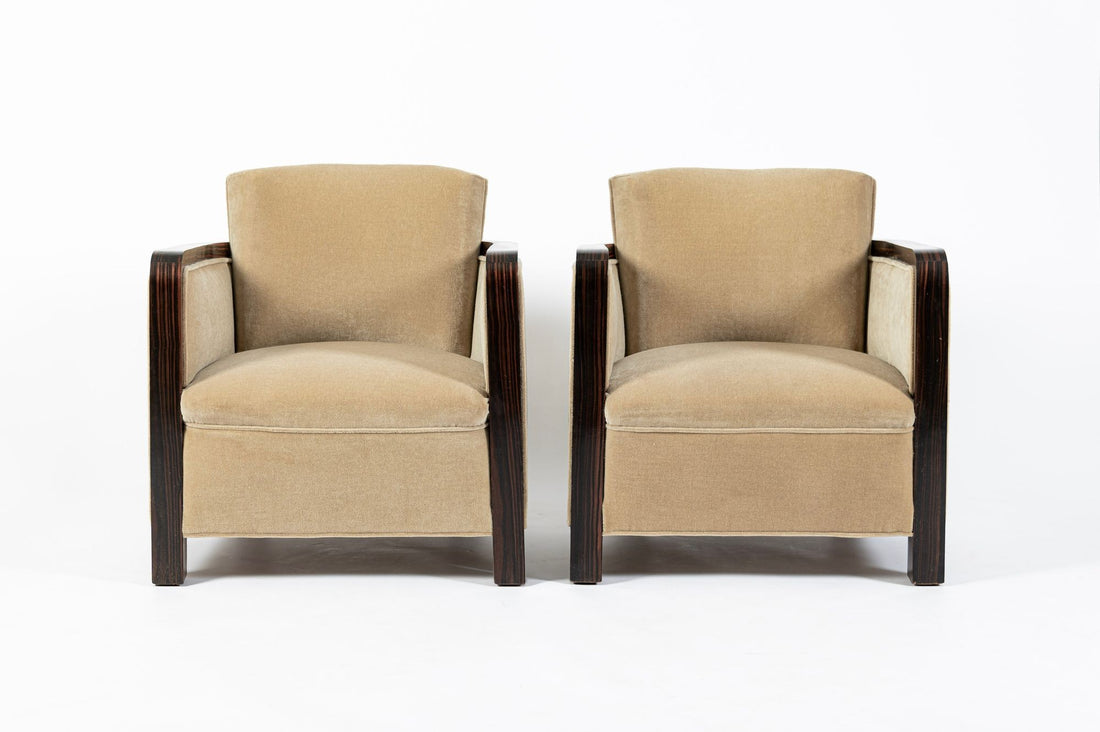 French Art Deco Mohair Lounge Chairs by Eric Bagge for Mercier Frères, Macassar Ebony, 1920s