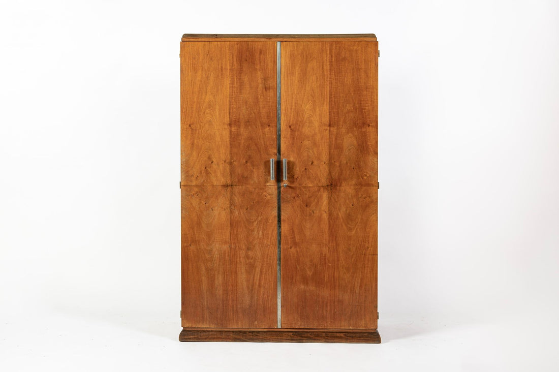 Antique French Art Deco Mahogany Wardrobe Armoire Cabinet, 1940s