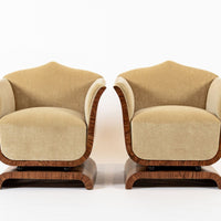 1930s Antique French Art Deco Mohair & Burl Wood Lounge Chairs