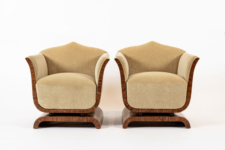 1930s Antique French Art Deco Mohair & Burl Wood Lounge Chairs