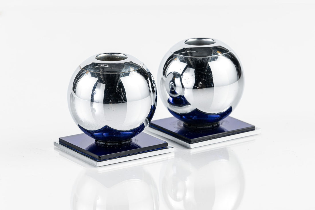 Art Deco Chrome and Cobalt Blue Candleholders by Walter von Nessen for Chase, 1930s