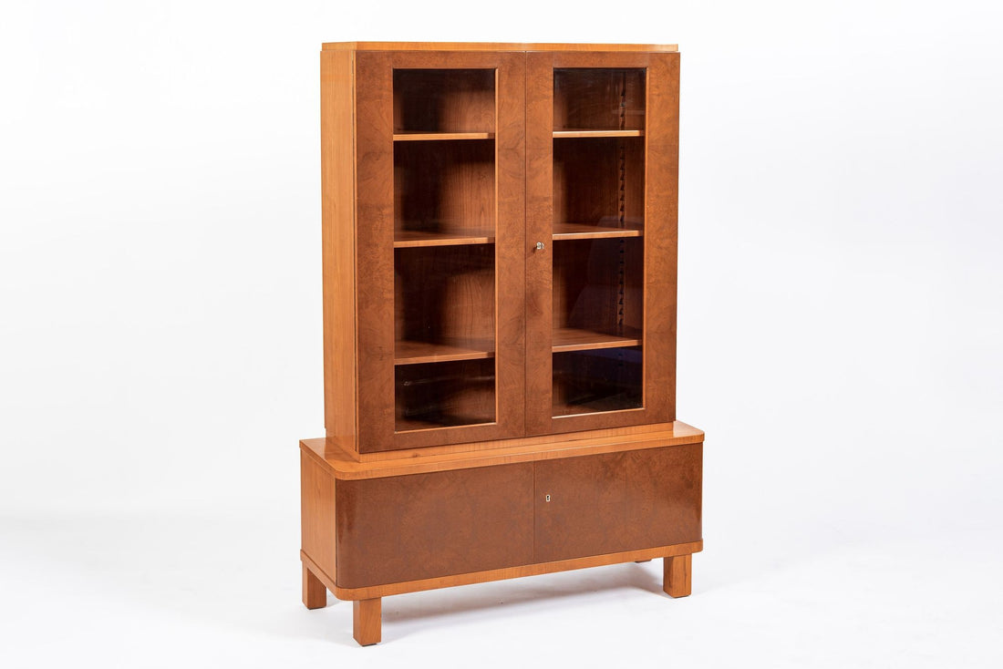 Art Deco Cherry & Burl Wood Display China or Bar Cabinet 1930s