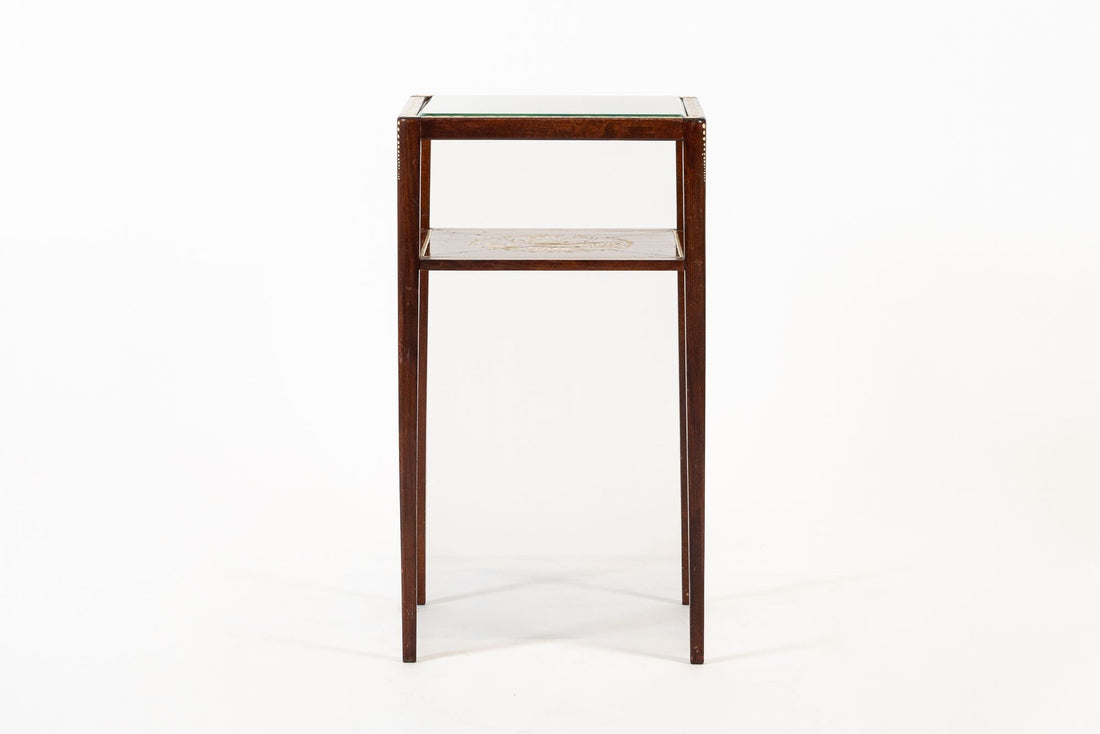 Antique French Art Nouveau Small Handpainted Mahogany Wood & Glass Side Table