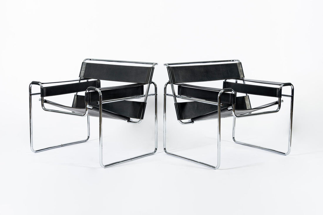 Mid Century Black Leather Wassily Arm Chairs by Marcel Breuer for Knoll, 1960s