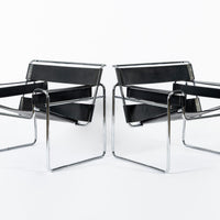 Mid Century Black Leather Wassily Arm Chairs by Marcel Breuer for Knoll, 1960s