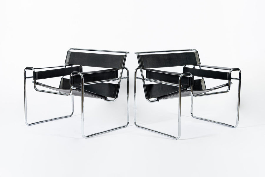 Mid Century Black Leather Wassily Arm Chairs by Marcel Breuer for Knoll, 1960s