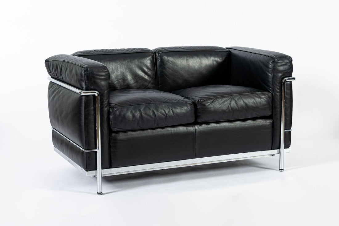 Authentic Cassina LC2 Black Leather Two-Seat Sofa by Le Corbusier 1994