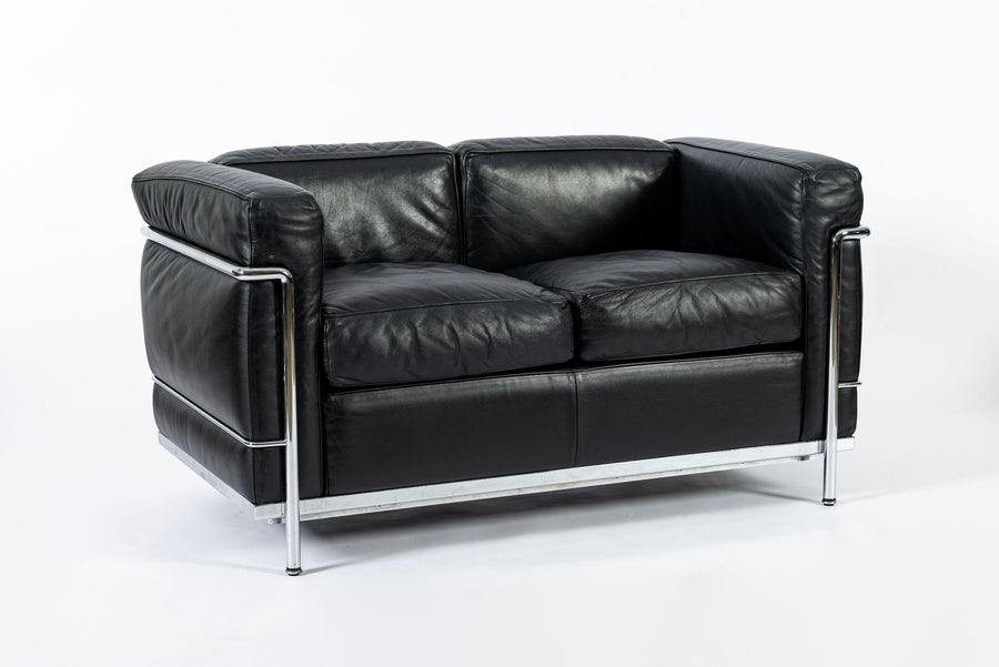 Authentic Cassina LC2 Black Leather Two-Seat Sofa by Le Corbusier 1994