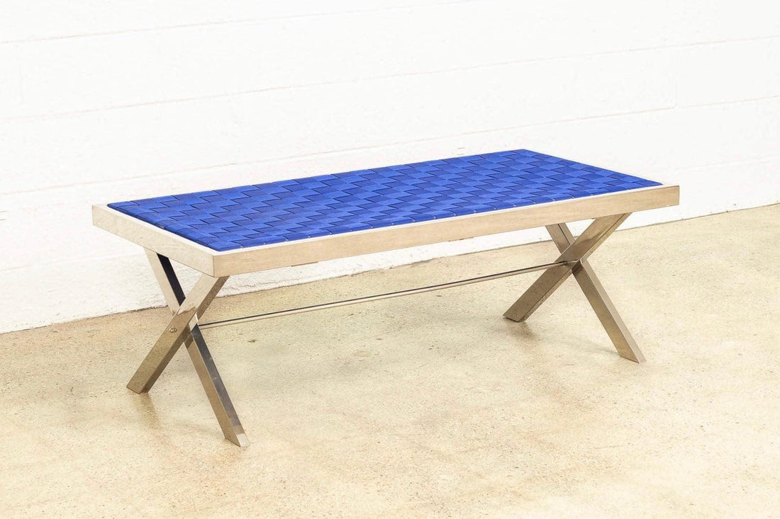 Mid Century Modern Chrome and Blue Strap Bench Milo Baughman Style