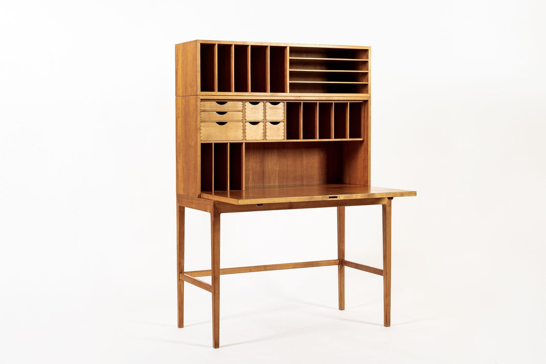 Exceptional Mid Century Danish Drop-Front Secretary Desk & Wall Shelf by Ditzel