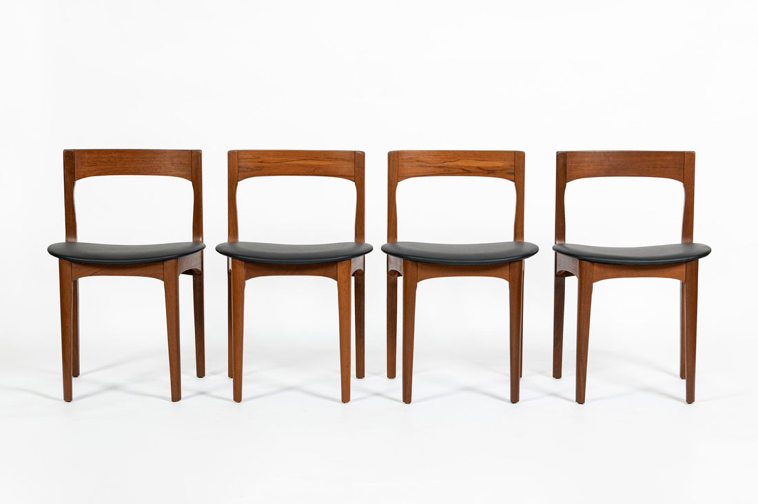 Mid Century Danish Teak Wood & Black Vinyl Dining Chairs, Set of 4
