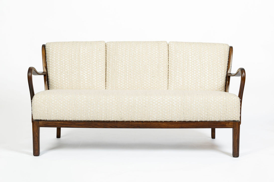 Danish Modern Solid Walnut Spindle Back Sofa in Schumacher Fabric, Circa 1960