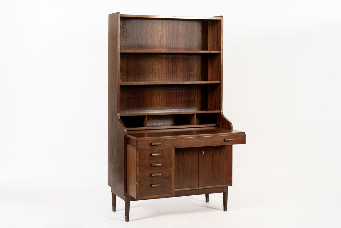 Mid Century Danish Walnut Wood Pull-Out Secretary Desk & Bookcase