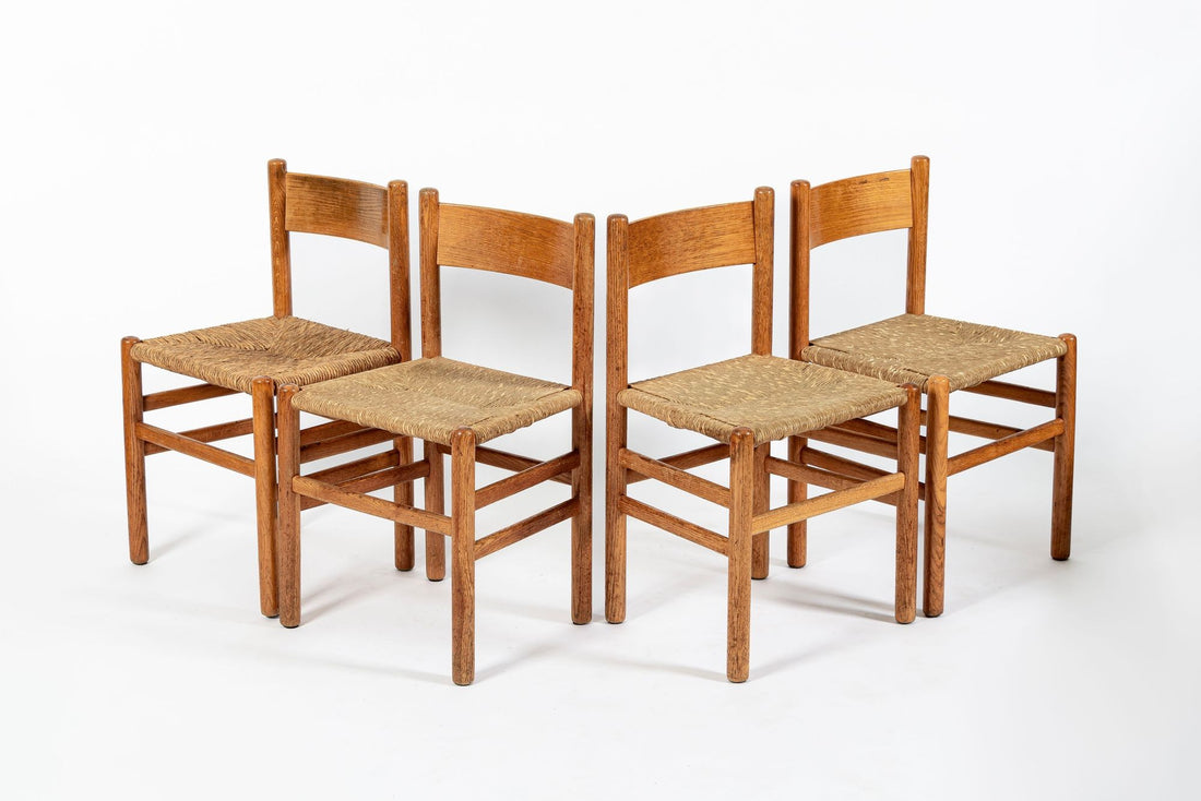 Mid Century Dutch Oak Wood and Rush Chairs by Johan van Heuvel
