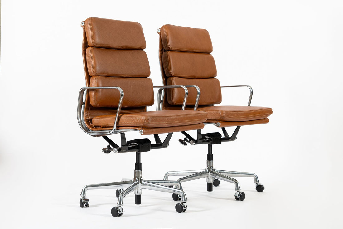 Pair Herman Miller Eames Tall Brown Leather Desk Chair Soft Pad