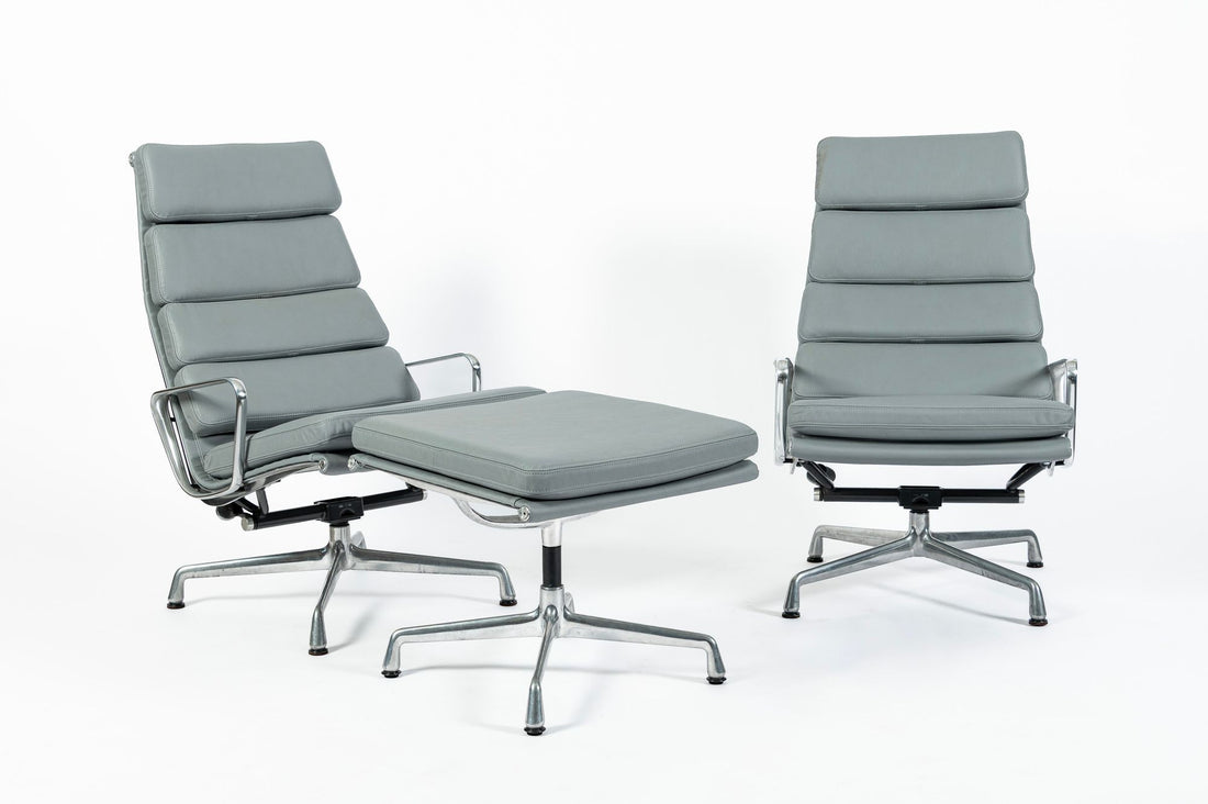 Pair Eames Soft Pad Recliners with Ottoman for Herman Miller, Gray Leather Aluminum Group
