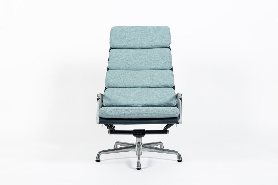Eames Soft Pad Recliner for Herman Miller, Blue Gray Aluminum Group Lounge Chair
