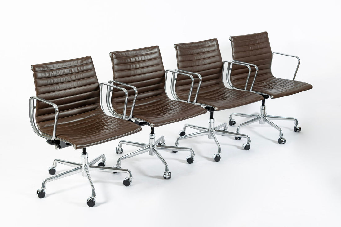 Eames Herman Miller Brown Leather Aluminum Group Thin Pad Desk Chair, 2008