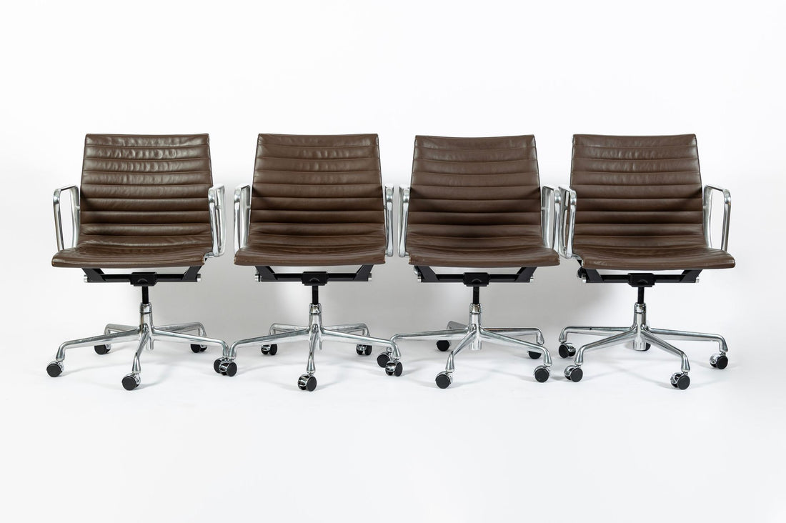 Set of 4 Eames Herman Miller Office Chairs, Brown Leather Thin Pad Aluminum Group