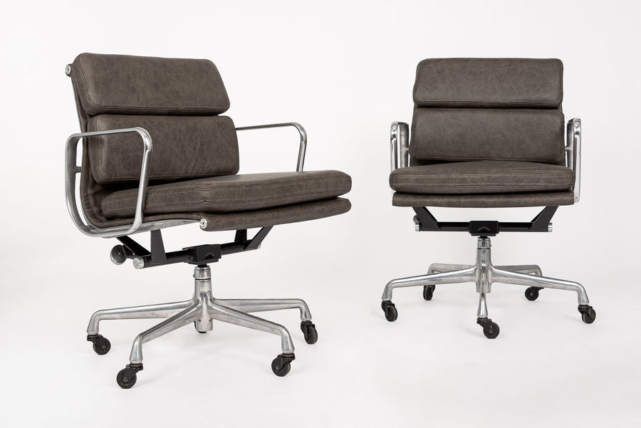 2000s Eames Herman Miller Gray Leather Desk Chairs Aluminum Group