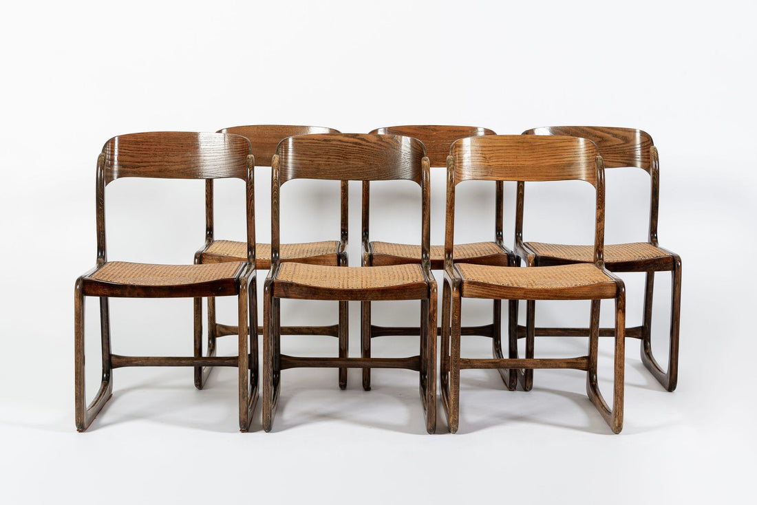 Mid Century Modern French Wood & Cane Wicker Chairs by Baumann