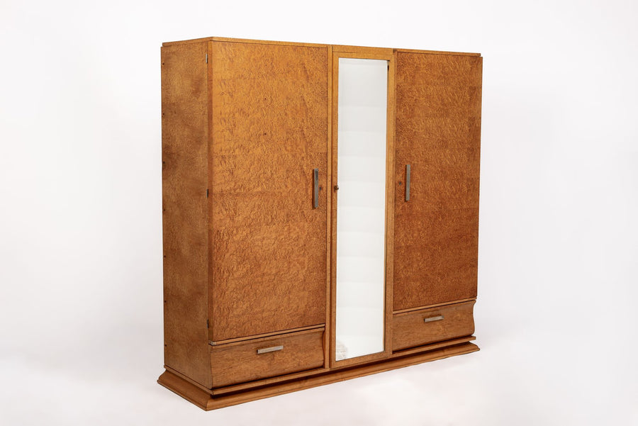 Antique French Art Deco Birdseye Maple Wardrobe Cabinet by Gouffé