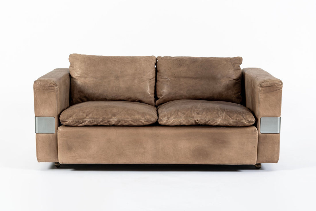 Mid Century German Distressed Brown Leather Sofa in the Style of Robert Haussmann