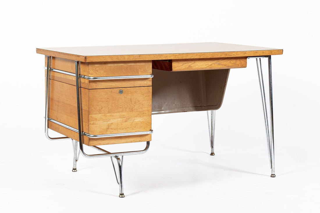 Kem Weber Trimline Desk for Heywood Wakefield, Mid Century Modern Birch and Chrome Office Desk, 1950s