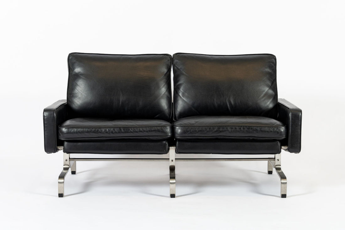Vintage Postmodern Black Leather & Brushed Steel Loveseat Sofa, 1980s