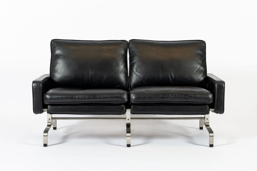 Vintage Postmodern Black Leather & Brushed Steel Loveseat Sofa, 1980s