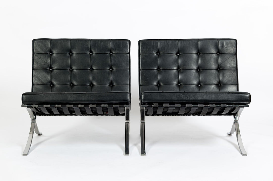 Pair Mid Century Black Leather Barcelona Chairs by Mies van der Rohe for Knoll, 1977