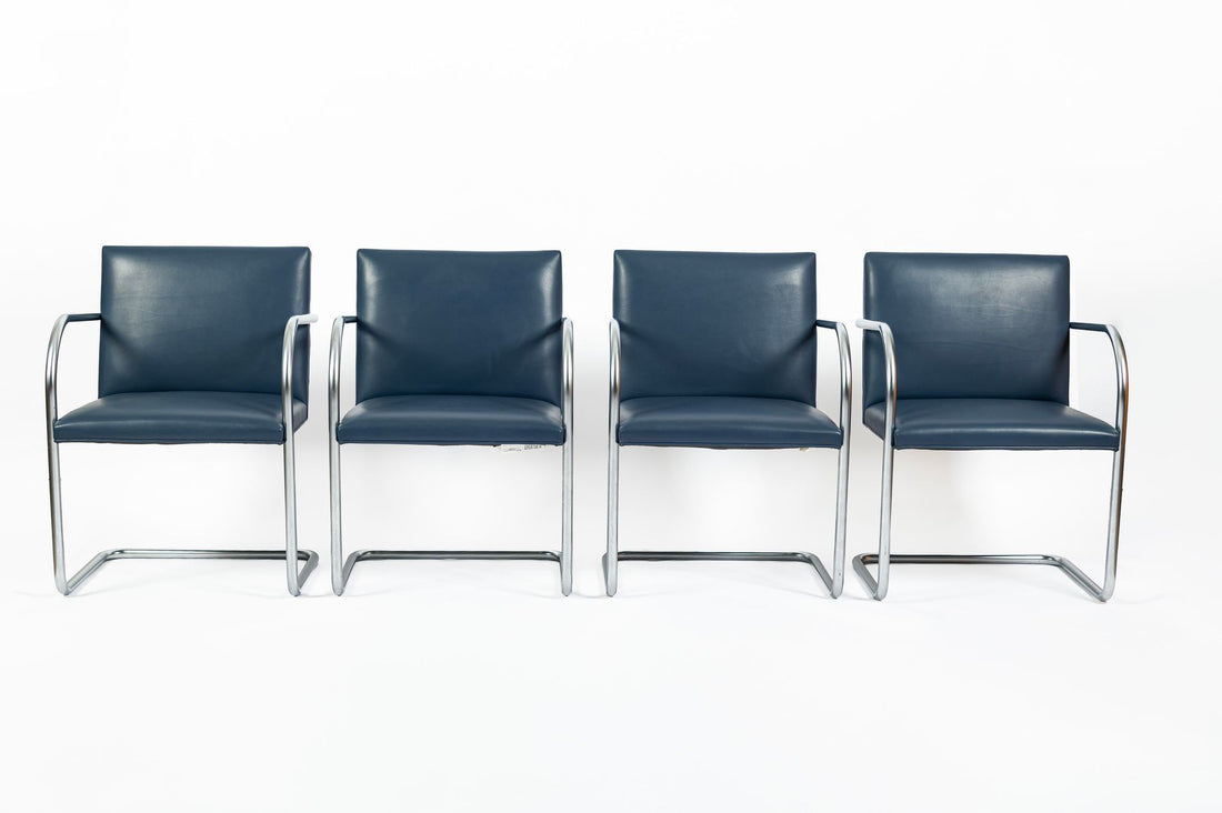 Mid Century Modern Blue Leather Brno Arm Chairs by Mies van der Rohe for Knoll, Set of 4