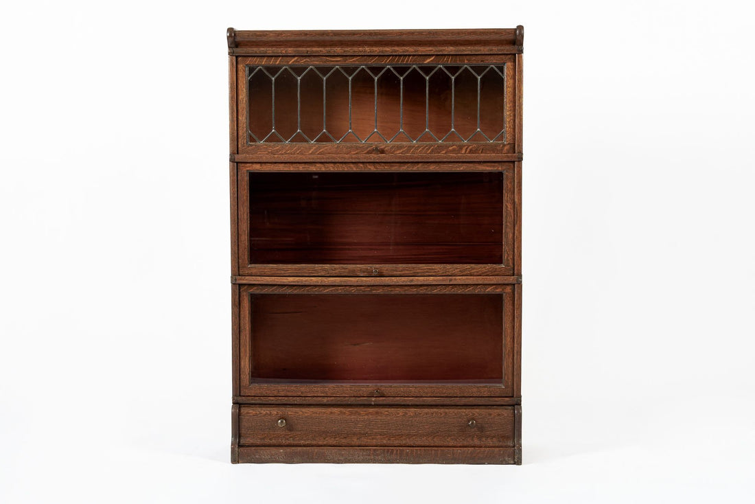 Antique Three Shelf Wood Barrister Bookcase Cabinet with Leaded Glass