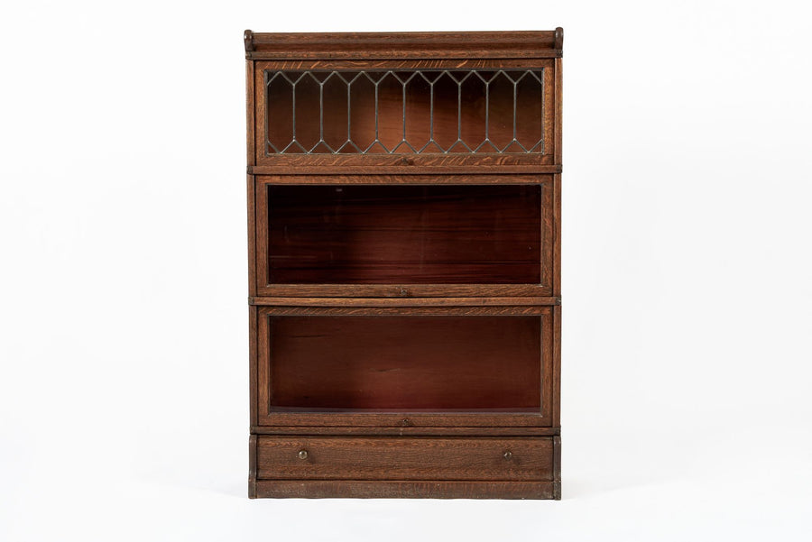 Antique Three Shelf Wood Barrister Bookcase Cabinet with Leaded Glass