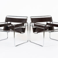 Mid Century Dark Brown Leather Wassily Arm Chairs by Marcel Breuer for Knoll, Signed, 1960s