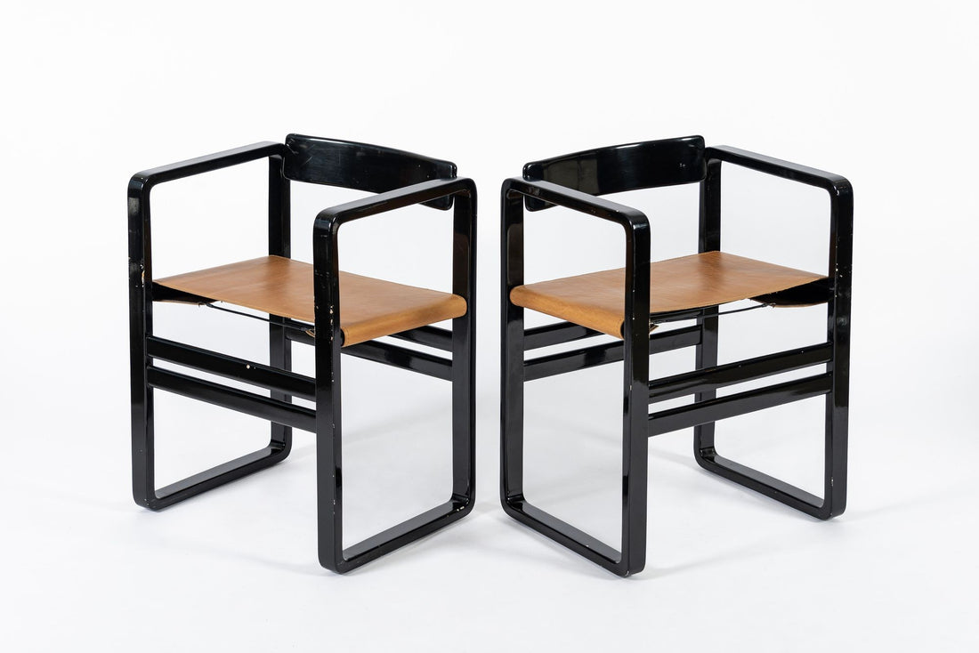 Mid Century Modern Black Lacquer and Brown Leather Arm Chairs 1970s
