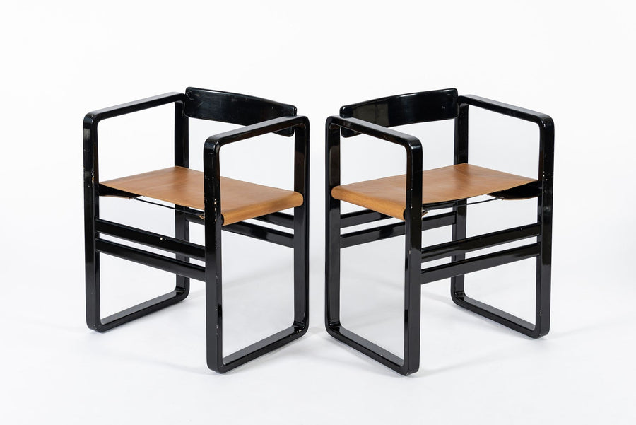 Mid Century Modern Black Lacquer and Brown Leather Arm Chairs 1970s