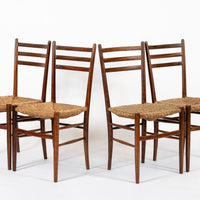 Vintage Rustic Modern Wood and Rush Wicker Dining Chairs, Set of 4