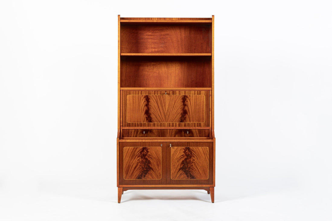 Scandinavian Modern Figured Mahogany Secretary Bookcase Cabinet 1960s