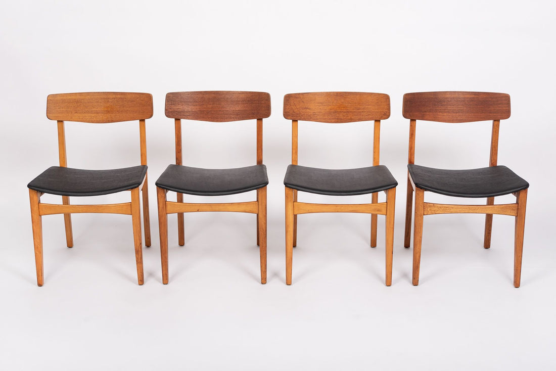 Mid Century Danish Teak Wood & Black Vinyl Dining Chairs