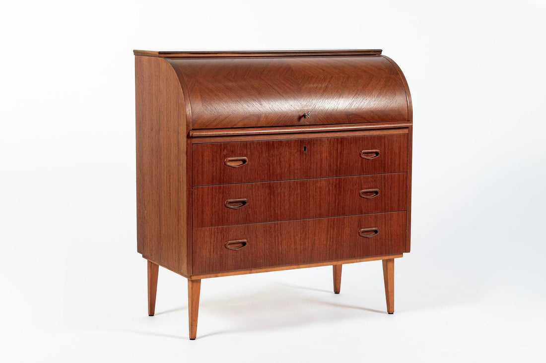 Scandinavian Teak Wood Rolltop Secretary Desk by Egon Ostergaard, Made in Sweden