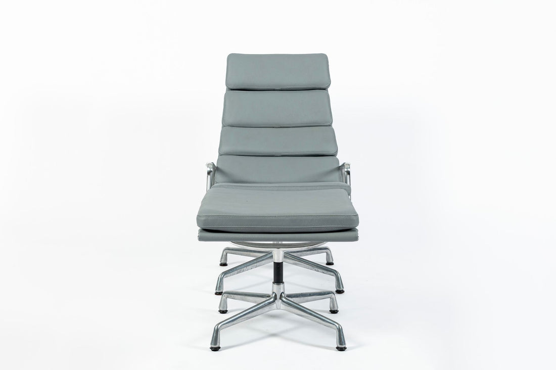 Eames Soft Pad Recliner with Ottoman for Herman Miller, Gray Leather Aluminum Group
